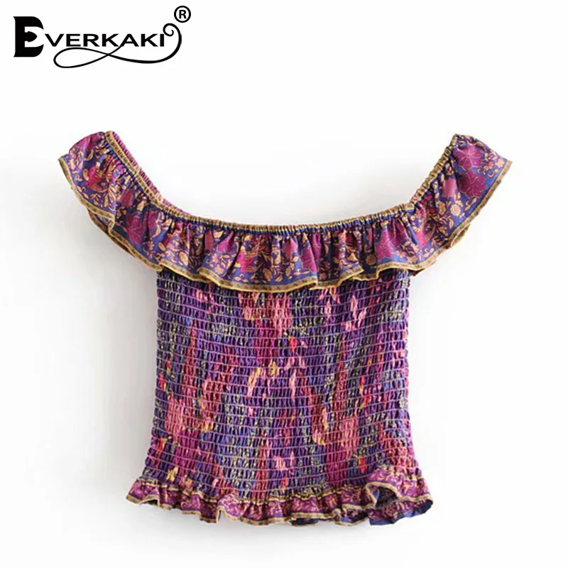 Everkaki, женские топы, Boho, цветочный принт, блузка, рубашки, оборки, летние, эластичные, повседневные, для девушек, короткий топ, шикарные блузки для женщин, новинка - Цвет: Purple