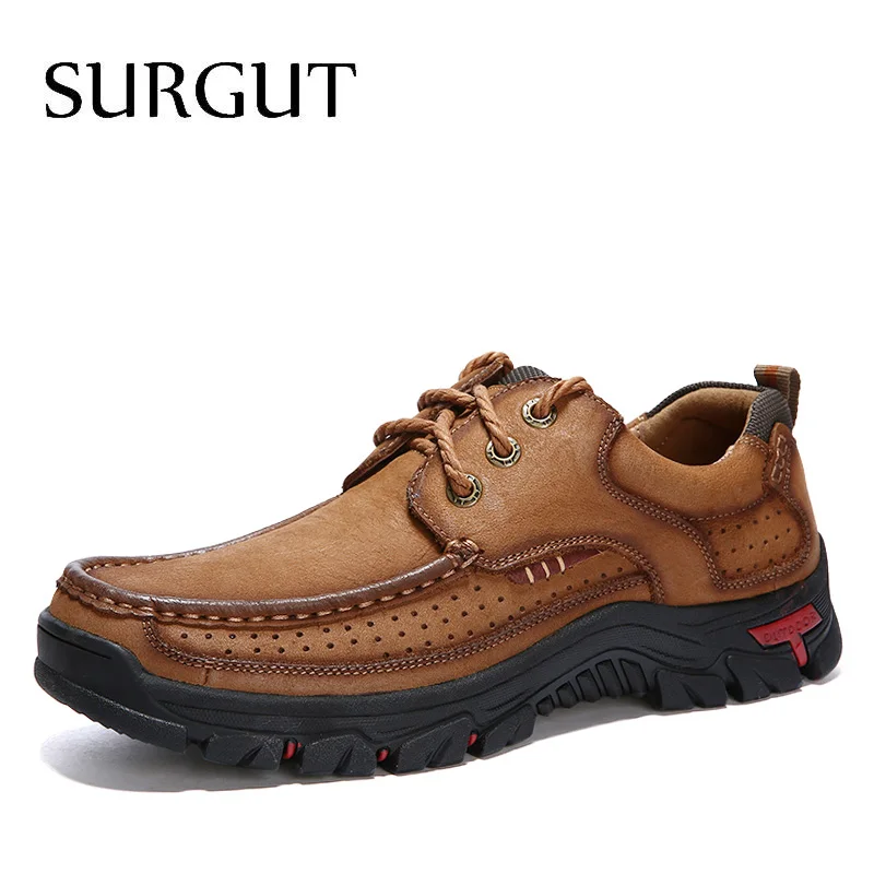 Lace Up Brown SURGUT, мужские туфли из натуральной кожи, высокое качество, без шнуровки, фирменные, модные, дизайнерские, одноцветные, удобные, мужские, повседневные туфли, большие размеры 38-48 - Цвет: Lace Up Brown