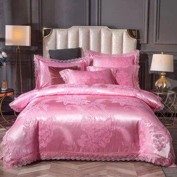 

FUNBAKY 4pcs/Set Satin Jacquard Pink Silk Luxury Bedding Set Duvet Cover Set Bed Linen Linings Wedding Bedclothes Home Textile