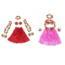 2 комплекта юбка с гавайской травой цветок хула лей браслет-гирлянда маскарадный костюм-1 комплект красный и 1 комплект розовый