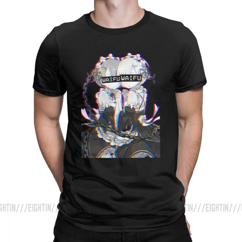 Мужская футболка Rem and Ram Waifu, японский лоли, Милая Сексуальная вапортрашт, футболка, фанки, вырез лодочкой, короткий рукав, топы, хлопковые футболки, новинка - Цвет: Черный
