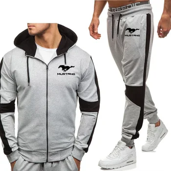 

Hoodies Men Mustang Car Logo Print New Fashion Casual Harajuku Hooded Fleece Warm zipper Jacket Sweatshirt Sweatpants Suit 2pcs