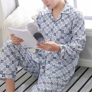 

DIHOPE Men Pyjama Set Cotton Spring Long Sleeve Print Pajama Suits Autumn Nightwear Turndown Collar Pijama Sleepwear Male