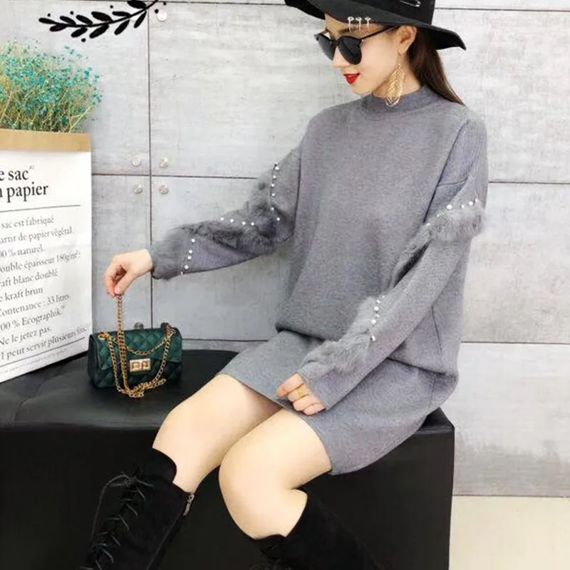 New Winter Long Sweaters Women Casual Loose Pullover Jumpers Real Rabbit Fur Sweater pull femme beading Pearl turtleneck jumper