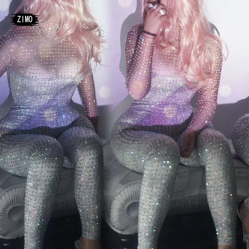 

Full Rhinestone Long Sleeves Sparkly Jumpsuit Sexy Stage Outfit Birthday Party Celebrate for Women Dance Bodysuit Legging Outfit