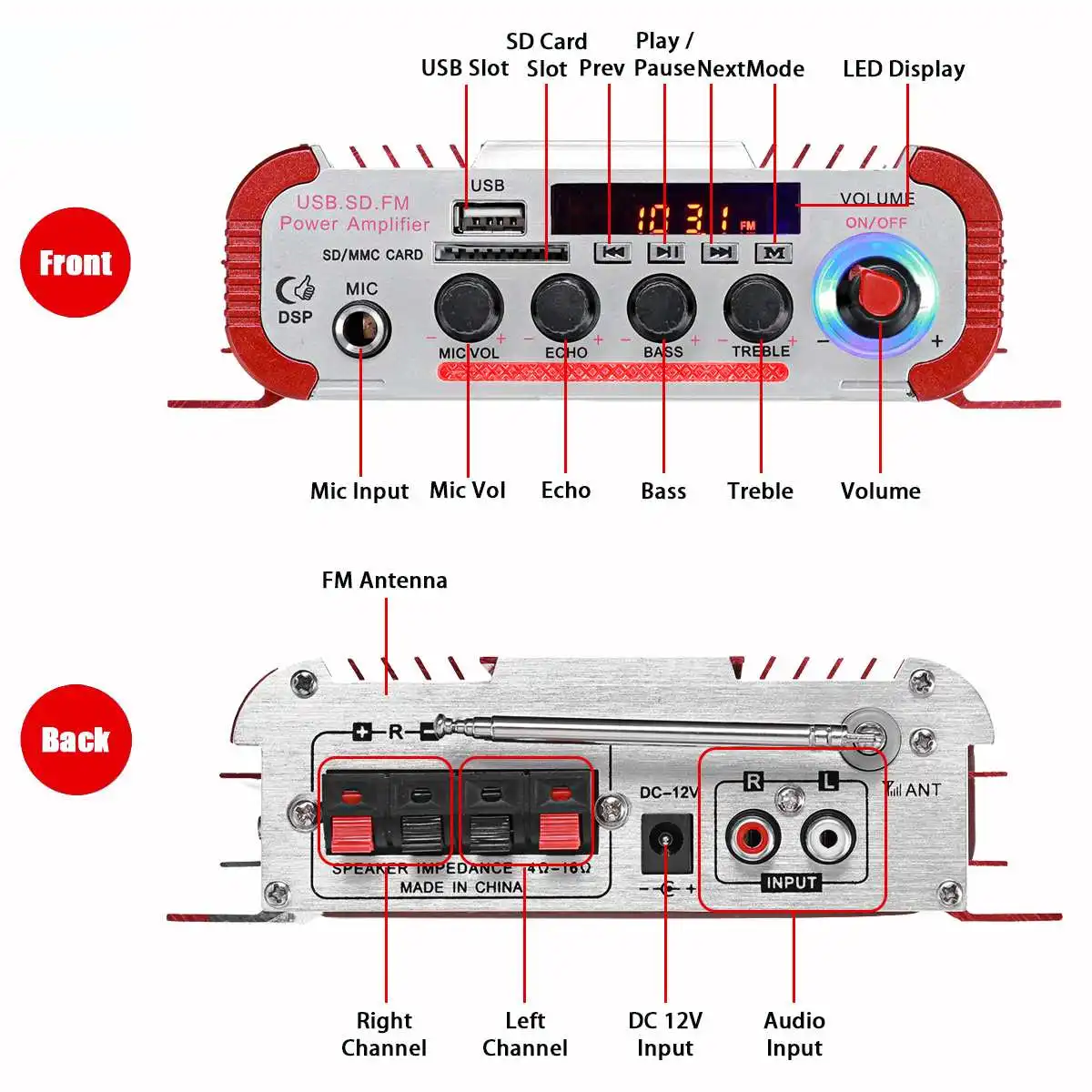 HY60 600W 12V/220V 2.0CH HIFI Audio Amplifier LCD Display Class D Power Amplificador Radio Car Home Super Loud Speaker FM USB SD