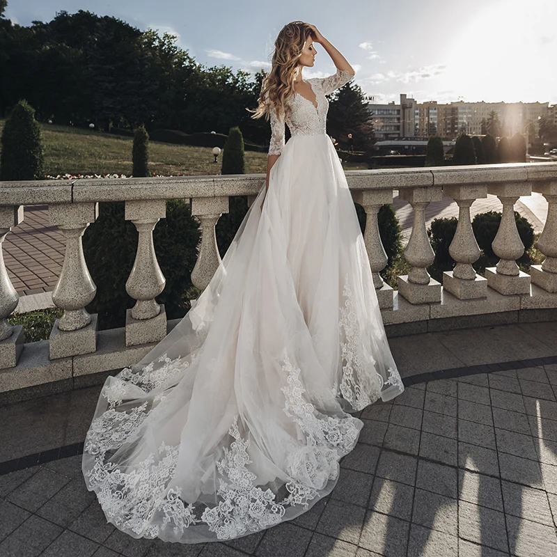 

Eightale Elegant Wedding Dress with Sleeves V-Neck A-Line Appliques Lace Bohem Wedding Gowns Illusion Back Boho Bridal Dresses