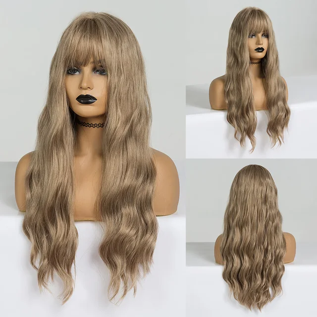 EASIHAIR Long Dark Brown Women's Wigs with Bangs Water Wave Heat Resistant Synthetic Wigs for Black Women African American Hair LC205-3