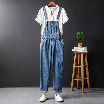 

Denim overalls male straight tube loose tooling jumpsuit Korean couple jeans