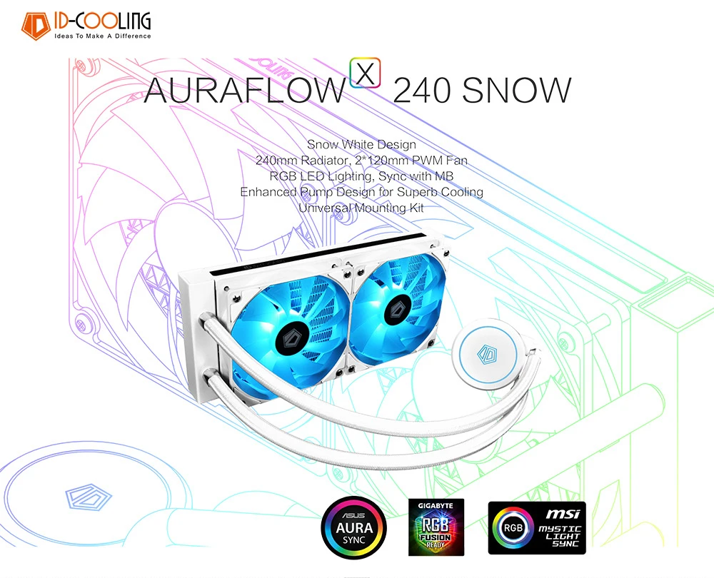 ID-COOLING AURAFLOW X 240 SNOW RGB синхронизация AIO кулер для воды чистый белый с 240 мм радиатор, 2x120 мм RGB PWM вентиляторы, 400 м