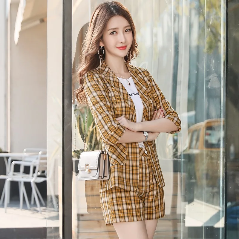 yellow jacket shorts Летний Тонкий клетчатый тонкий короткий рукав Блейзер Жакет шорты комплект из 2 предметов OL формальные женские брюки костюмы женские комплекты костюмы 88218 - Цвет: yellow jacket shorts