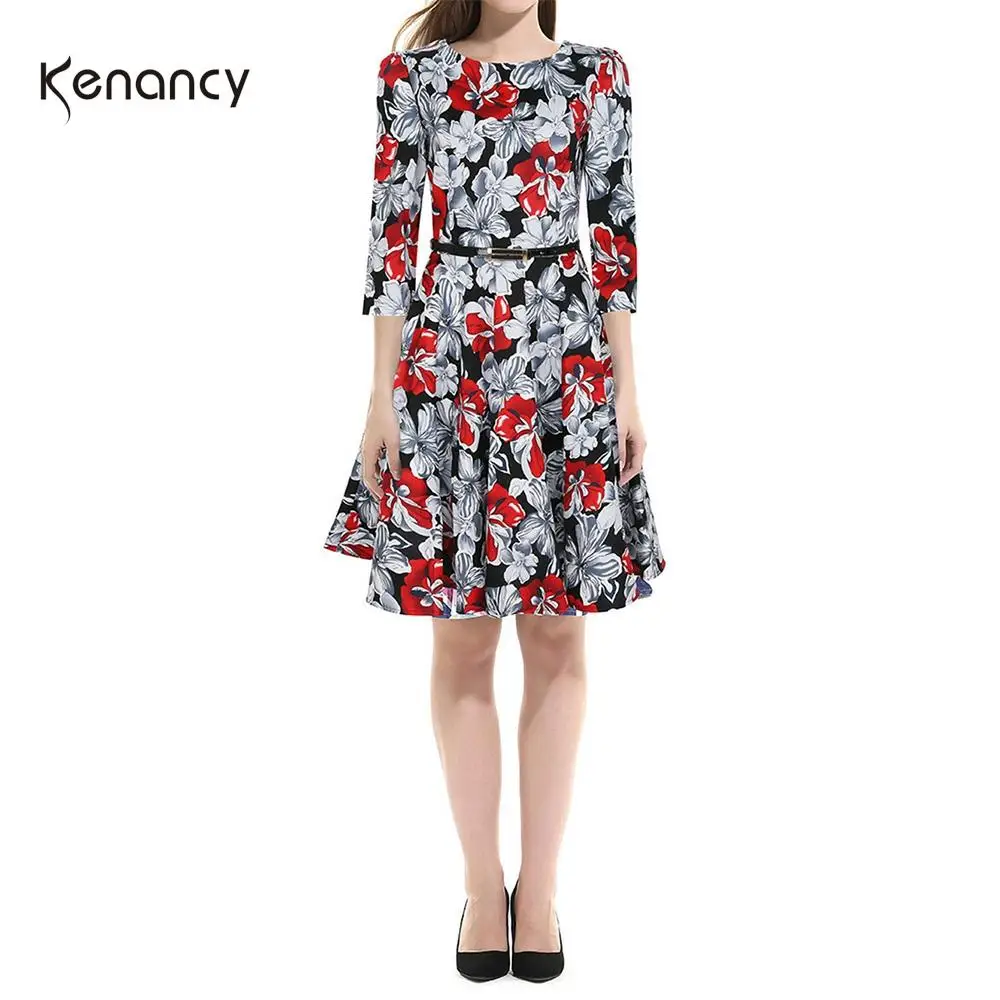 Kenancy цветочный принт женское винтажное платье круглый воротник половина рукава femme Vestidos Высокая талия пояс А-силуэт женское Повседневное платье