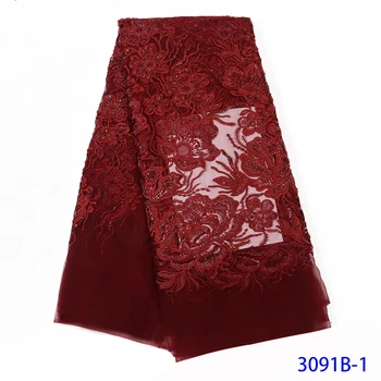 

Red Lace Fabric 2020 High Quality Lace Nigerian Lace Fabric For Women Dress African Tulle Lace With Beads LD3091B-1