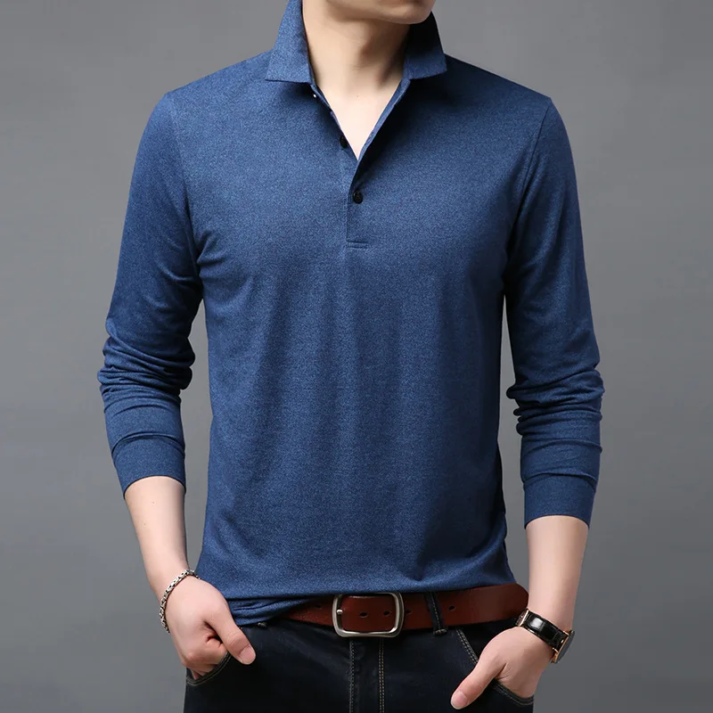 Dark Blue URSPORTTECH, новые модные бренды рубашек-поло, Мужская однотонная приталенная рубашка поло с длинным рукавом в Корейском стиле для мальчиков, повседневная мужская одежда - Цвет: Dark Blue