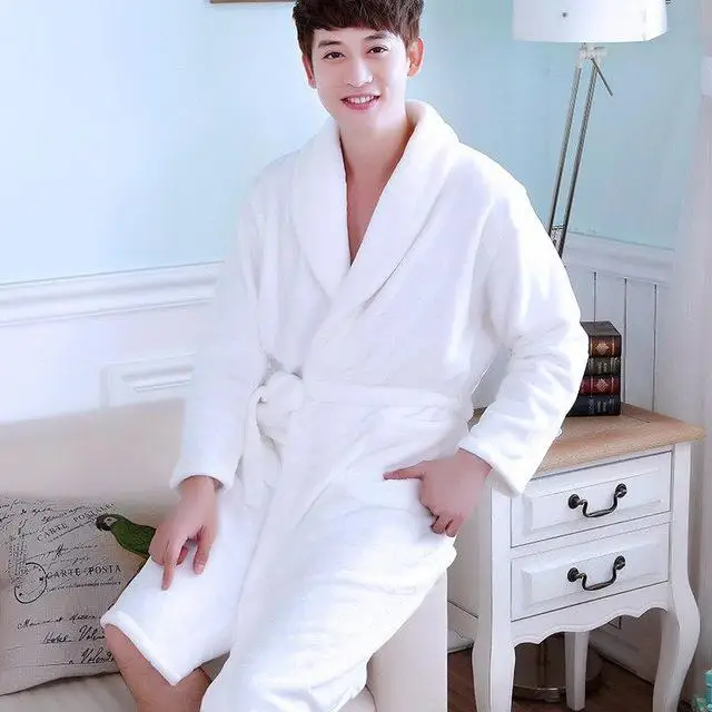Men&women Coral Fleece Print Bow Robe Flannel Sleepwear Kimono Bathrobe Gown Winter Warm Thick Home Dressing Gown - Цвет: Men 2
