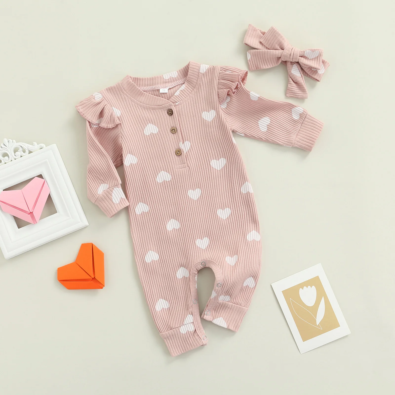 Infant Baby Girls Two-piece Clothes Set Heart Print Long Sleeve Crew Neck Romper and Bow Knot Headdress Pink/ White baby rompers,baby jumpsuit