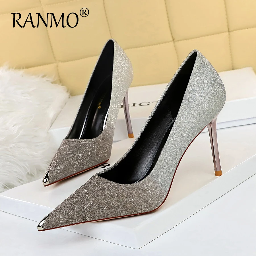 

Banquet sexy thin high heels stiletto high heels shallow mouth color gradient metal pointed toe wedding shoes women
