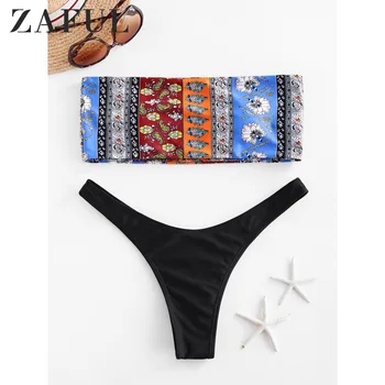 

ZAFUL High Cut Bohemian Print Bandeau Bikini Swimsuit Strapless Mix And Match Bikini Swimwear High Leg Bikini Sets Elastic 2020
