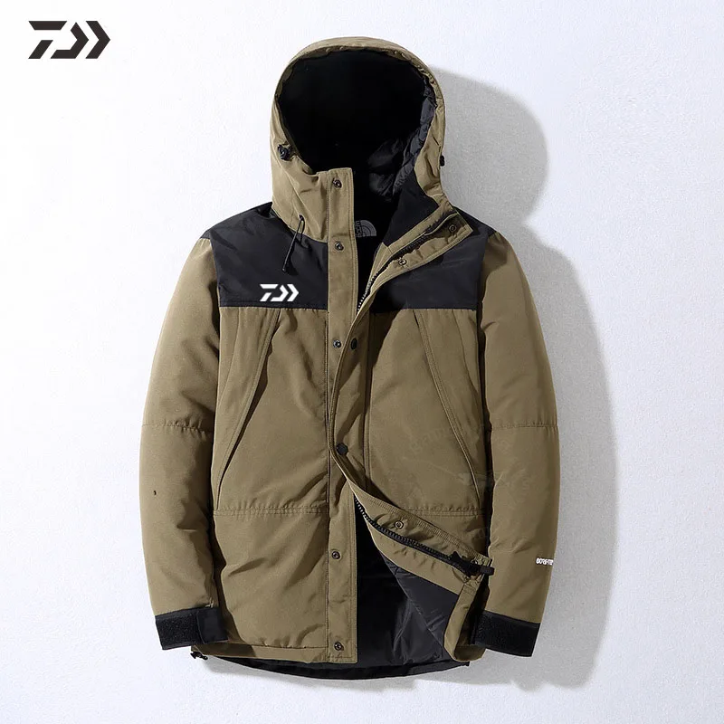 Daiwa Рыбацкая куртка зимняя Лоскутная термальная одежда для рыбалки с капюшоном на молнии утолщенный мужской уличный походный зимний рыболовный костюм