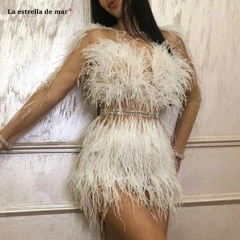 Vestidos de coctel de noche2019 Новое кружевное платье с перьями и бриллиантами, с длинным рукавом, сексуальное платье цвета слоновой кости с косичкой
