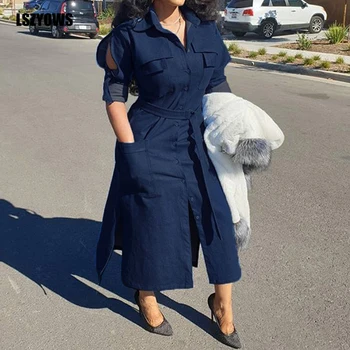 

Women Denim Shirt Dress Full Sleeve Buttons Elegant Maxi Jeans Dress Female Streetwear Casual Long Dresses Sashes Party Vestidos