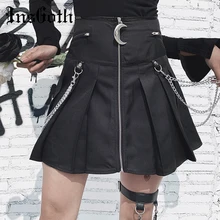 InsGoth, плиссированные черные мини-юбки с высокой талией, женские юбки на молнии, с ремнем подбородка, Готическая уличная одежда, короткие юбки, Женская юбка для вечеринки