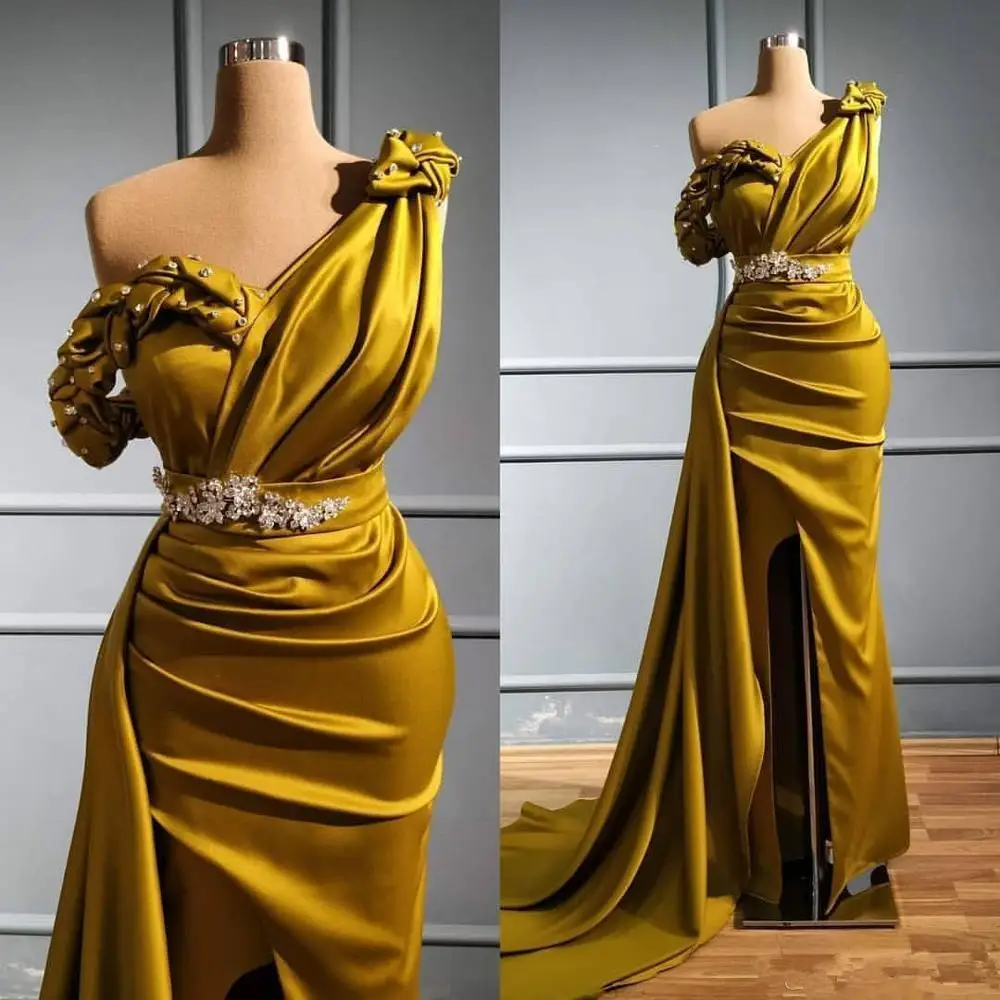Arabisch Gouden Sexy Mermaid Prom Dresses Een Schouder Kristallen Avondjurk 2020 Hoge Split Formele Party Tweede Receptie Gowns Arabisch Gouden Sexy Mermaid Prom Dresses Een Schouder Kristallen Avondjurk 2020 Hoge Split Formele Party Tweede Receptie Gowns