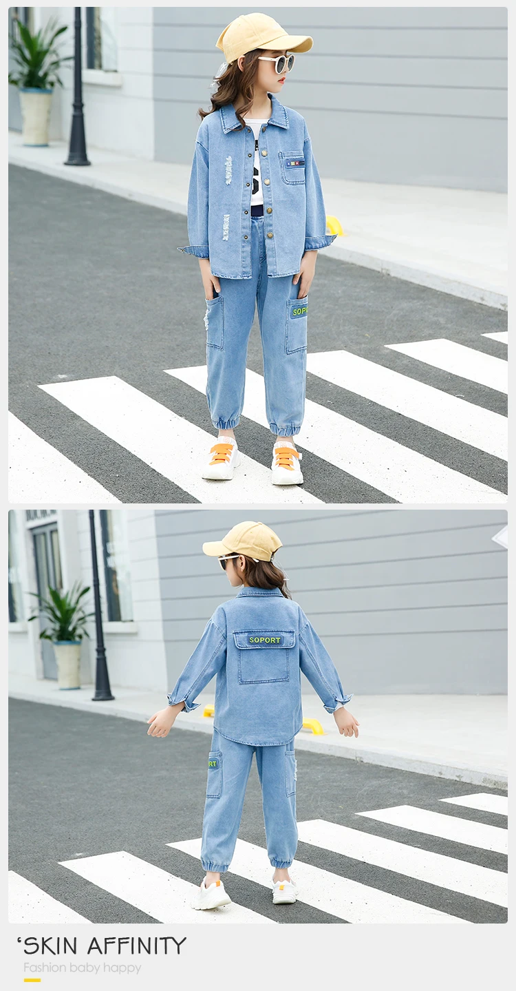 Fall Kids Girls Long Sleeve Denim Jacket Autumn Set Outfit Sports Style Design Jeans Girls Clothing Denim Sets