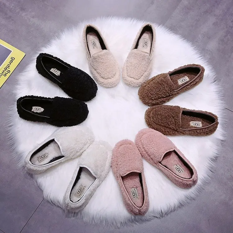 

Moccosins Women's 2019 Autumn & Winter New Style Online Celebrity Flat plus Velvet Warm Casual Fluffy Shoes Slip-on Cotton-padde