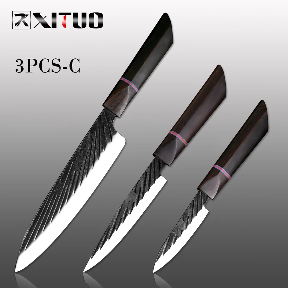 3PCS-C XITUO Kitchen Chef Knife 440C Steel High Hardness Hand Forged Japanese Sharp Cleaver Knife Kiritsuke Peeling Knife Cooking Tool - Цвет: 3PCS-C