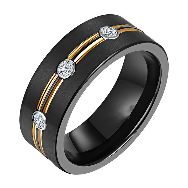 Men's Fashion Black Tungsten Carbide Ring Gold Plated Grooved Line AAA Cubic Zirconia Wedding Band 8mm Men's Jewelry