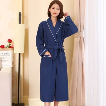 

Waffle Cotton Home Dressing Sexy Casual Home Clothing Intimate Lingerie Navy Blue Women Kimono Bathrobe Gown Loose Nightwear