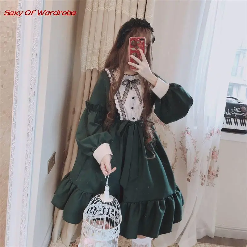 Japanese Sweet Kawaii Cute Lolita Women Fashion High Street Long Sleeves Fairy Dress Korea Harajuku Lace Flouncing Dress Lolita Dress,Lolita Suspender Dress,Lolita Cosplay Costumes,Suspender Dress