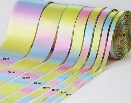 Ein-/doppelseitig bedrucktes, pastellfarbenes Regenbogenband mit Farbverlauf, Satinband in verschiedenen Breiten erhältlich, 50-Yard-Packung. – Detail 1