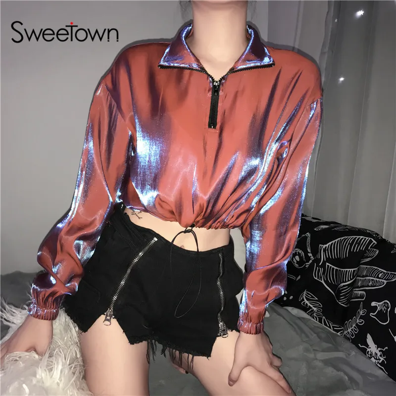 Женский укороченный свитер на молнии Sweetown Корейская уличная одежда водолазка с