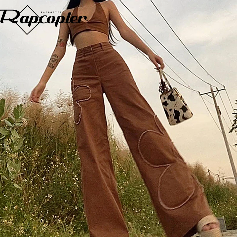 Rapcopter Brown Floral Jeans Y2K Retro Denim Pants Baggy Straight Cargo Pants Women Hot Popular Trousers 90S Harajuku Joggers