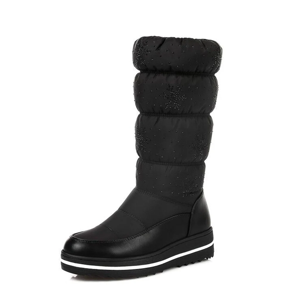 Зимняя обувь из искусственной кожи; женские плюшевые зимние ботинки; женские зимние ботинки на платформе с круглым носком; однотонные теплые зимние водонепроницаемые ботинки для женщин; размер 43 - Цвет: Black