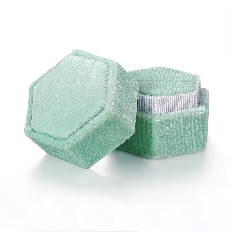 KB02-Hexagon-Green Kuolit бархатное кольцо с шестиугольной верхушкой, коробка для женщин, кольца, коробки для ювелирных изделий для свадьбы, синий, розовый, зеленый, органайзер, коробки, индивидуальный логотип - Цвет: KB02-Hexagon-Green