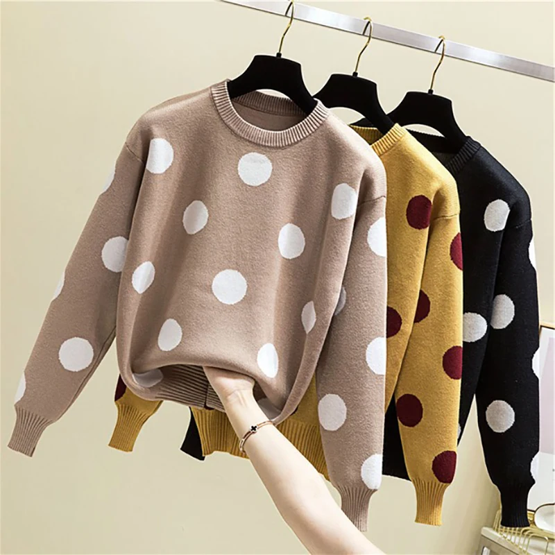 

Polka Dot Sweater Women Contrast Color Knitted Female 2020 Long Sleeve Winter Tops Fall Clothe Elasticity Pullover Pull Femme