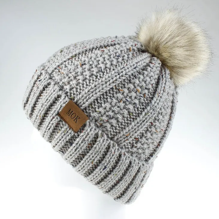 Light Gray-Multi Новинка, модные шапки Skullies Beanies, зимние шапки для женщин, толстая вязаная теплая шапка, женская меховая шапка с помпонами, шапка для девочек - Цвет: Light Gray-Multi
