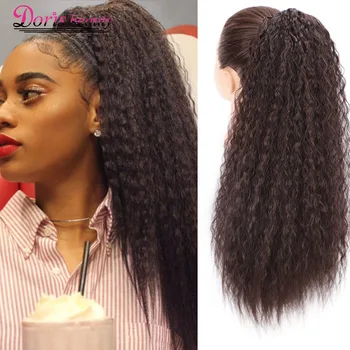 Doris Beauty Long Afro Kinky Curly Ponytail Extension 22 Inch Synthetic Drawstring Corn Hair Piece for Women Black Brown 1
