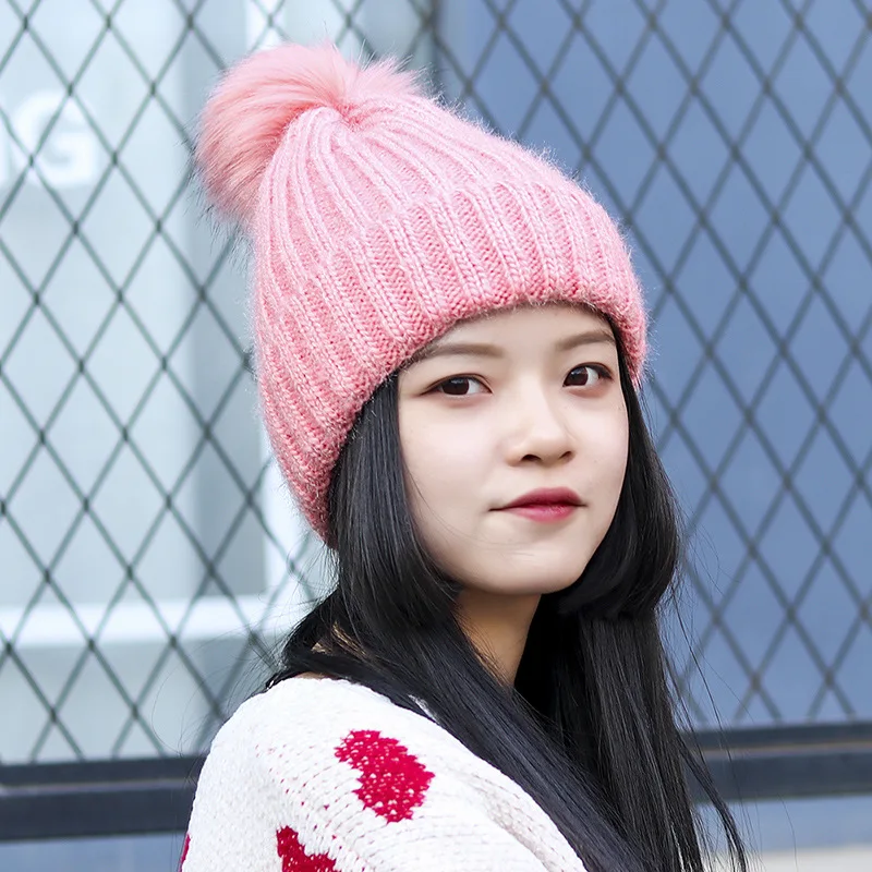 Модная женская зимняя шапка с помпоном Skullies Beanies для девочек, одноцветная вязаная шапка, теплые шапки