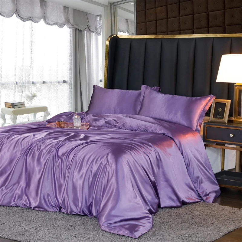 Mulberry Silk luxury Bedding Set with fitted sheet High-end 100% Silk Satin Bedding Sets soft smooth Solid Color quilts Cover