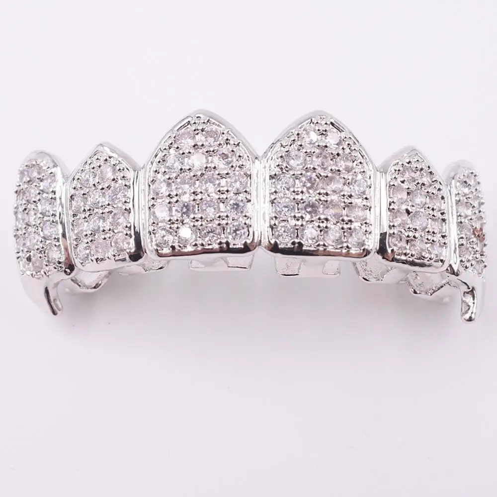 Hiphop grillz teeth aaa cz micro pave brass grills tooth fang vampire bling jewelry unisex top bottom gold silver rap - Окраска металла: silver top