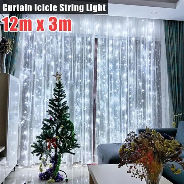 

12M x 3M 1200-LED Warm White Light Romantic Christmas Wedding Outdoor Decoration Curtain String Light US Standard