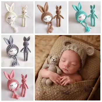 

Knit Hat Wool Bunny Doll Long Ear Cap For Newborn Photography Props Girl Photo Shoot Accessories Fotografia Bonnet Photoshoot