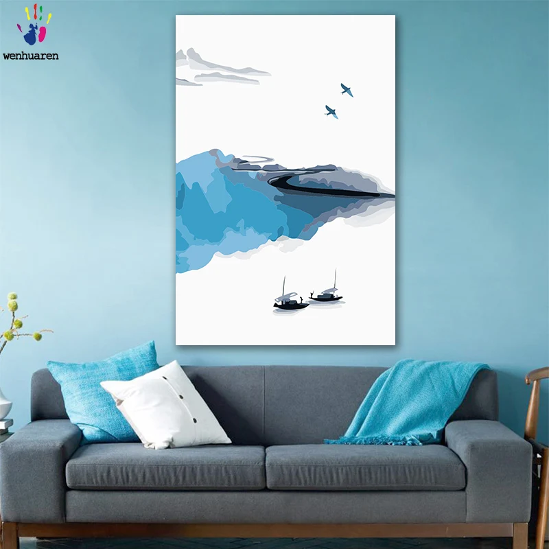 DIY картинки для раскраски по номерам с цветным Jiangnan пейзажем водный городок