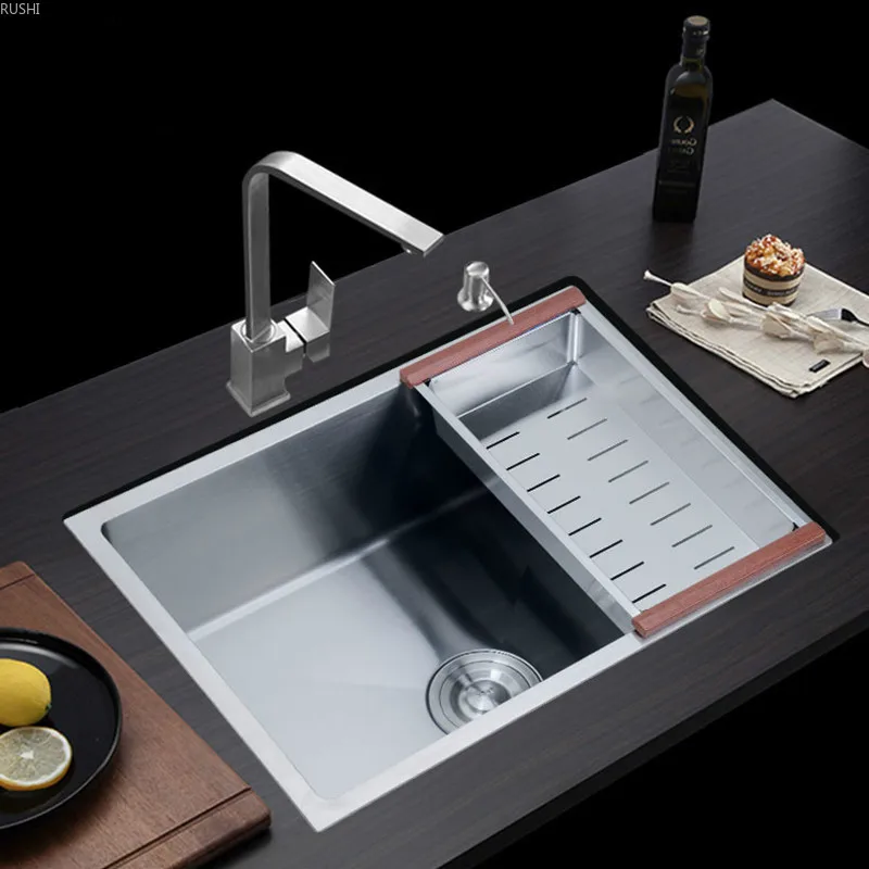 6 Sizes Available 4MM Thicken SUS304 Stainless Steel Handmade Sink Basin Kitchen Sink Set Metal Single Bowl Sink with Basket