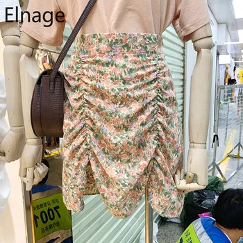 

Elnage Floral Chiffon Skirts Women Summer 2020 Korean Elastic Wrinkled Pleated Slimming Package Hip Skirt A Line Female 5A826