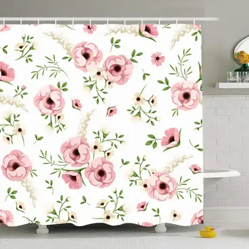 

Shower Curtain Set with Hooks 72x78 Element Pattern Tile Pink White Bloom Texture Branch Flowers Blossom Floral Nature Style